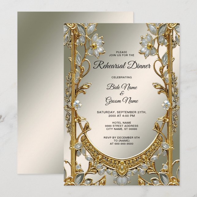 Gold Ornate White Floral Rehearsal Dinner Invitation (Front/Back)
