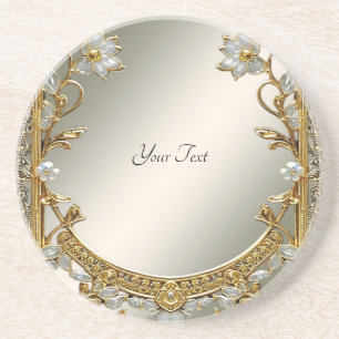 Gold Ornate White Floral Sandstone Coaster