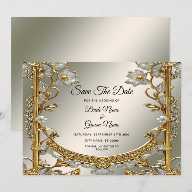 Gold Ornate White Floral Save The Date (Front/Back)