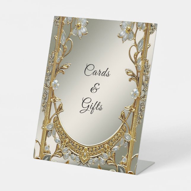 Gold Ornate White Floral Tabletop Signs (Front)