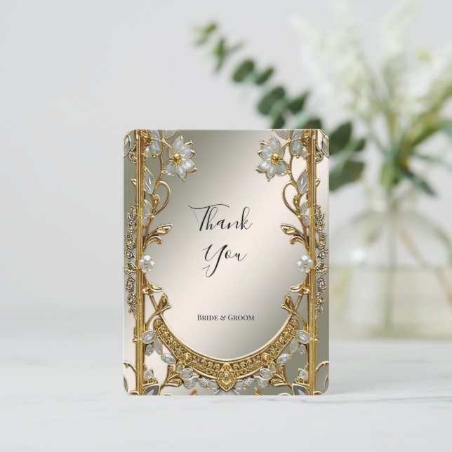 Gold Ornate White Floral Thank You Card (Standing Front)