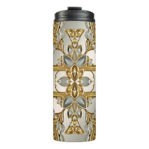 Gold Ornate White Floral Thermal Tumbler