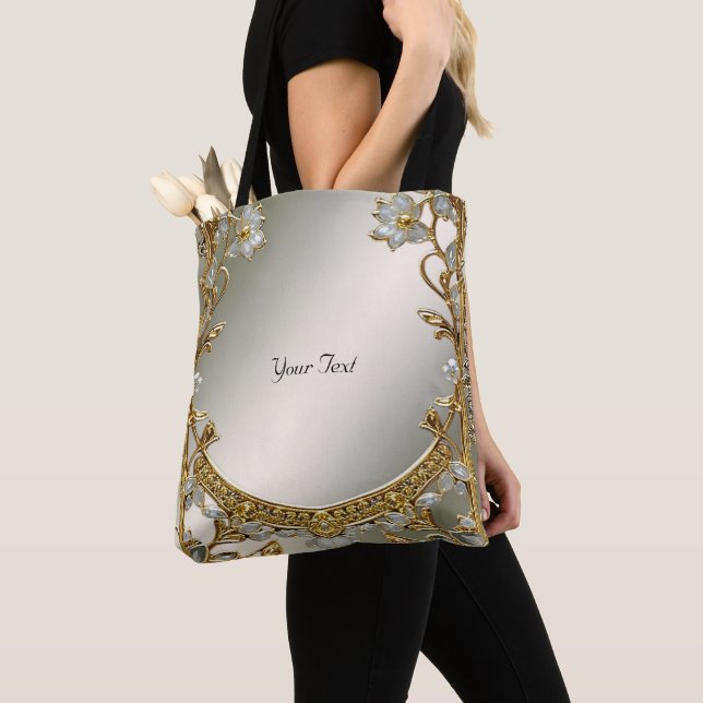 Gold Ornate White Floral Tote Bag (Close Up)