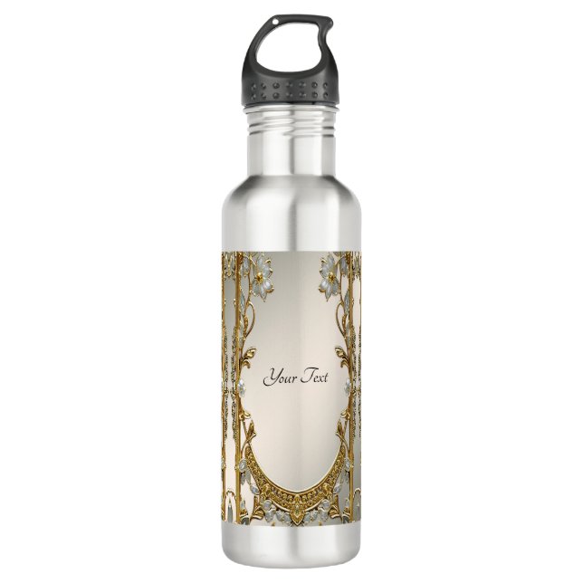 Gold Ornate White Floral Water Bottle (Front)