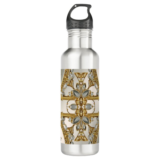 Gold Ornate White Floral Water Bottle (Front)