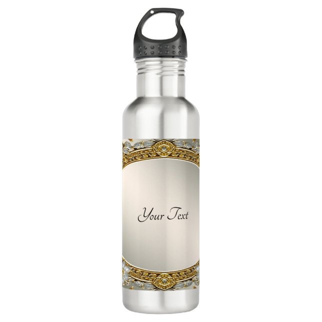 Gold Ornate White Floral Water Bottle (Front)