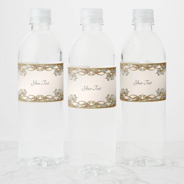 Gold Ornate White Floral Water Bottle Label (Bottles)