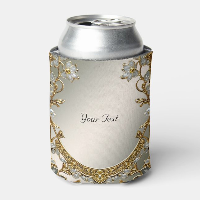 Gold Ornate White Floral Wedding Favour Can Cooler (Can Front)