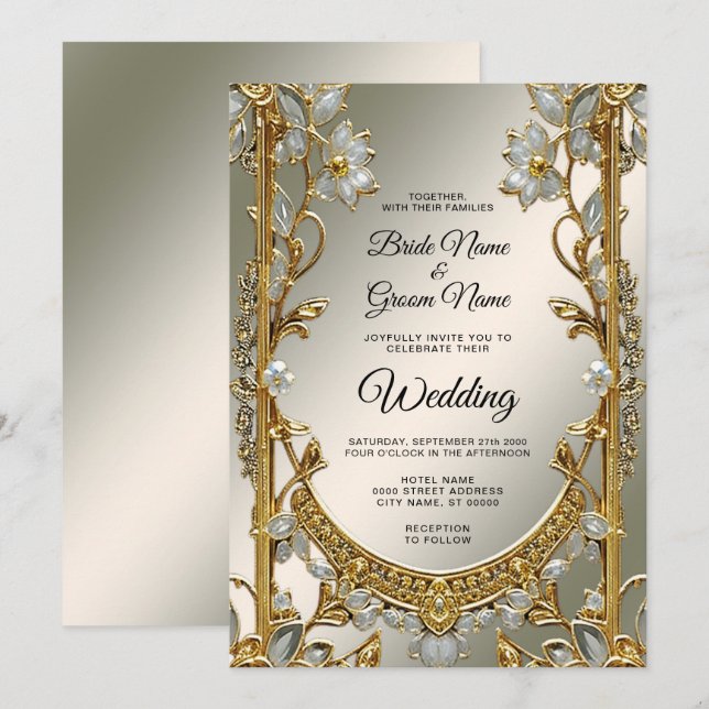 Gold Ornate White Floral Wedding Invitation (Front/Back)