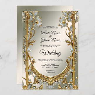 Gold Ornate White Floral Wedding Invitation