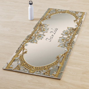 Gold Ornate White Floral Yoga Mat