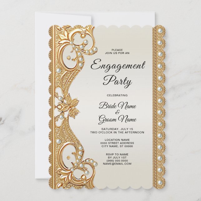 Gold Ornate White Pearls Engagement Invitation (Front)