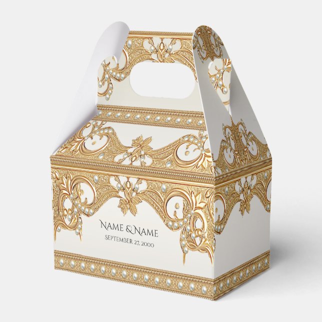 Gold Ornate White Pearls Favour Box (Front Side)