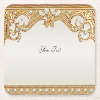 Gold Ornate White Pearls Paper Coaster