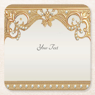 Gold Ornate White Pearls Paper Coaster