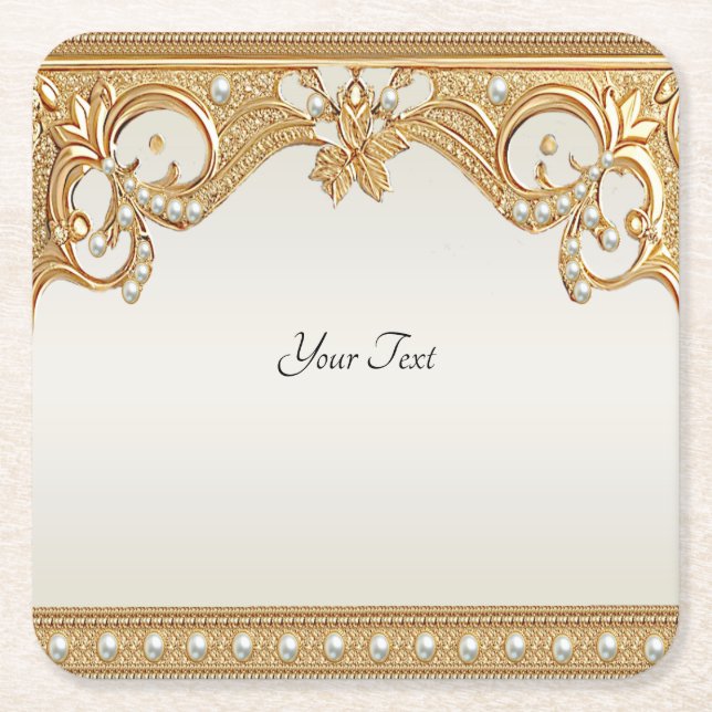 Gold Ornate White Pearls Paper Coaster (Front)
