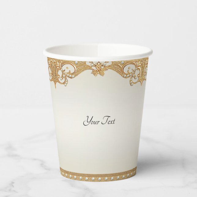 Gold Ornate White Pearls Paper cup (Left)