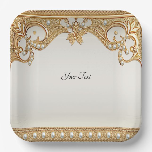 Gold Ornate White Pearls Paper Plate (Front)