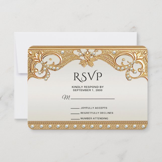 Gold Ornate White Pearls RSVP Card (Front)