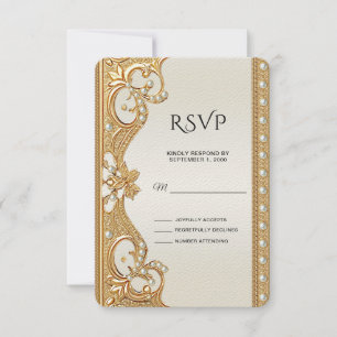 Gold Ornate White Pearls RSVP Card
