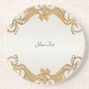 Gold Ornate White Pearls Sandstone Coaster