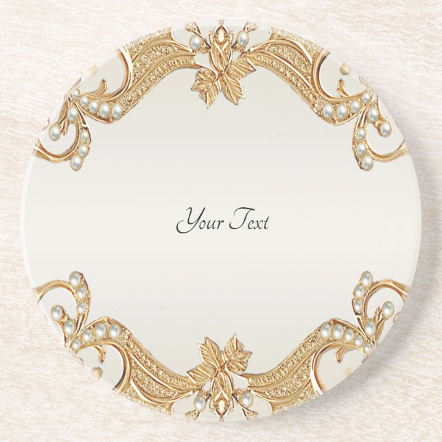 Gold Ornate White Pearls Sandstone Coaster (Front)
