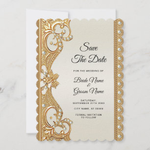 Gold Ornate White Pearls Save the Date