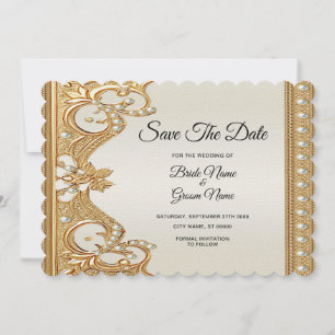 Gold Ornate White Pearls Save The Date Card