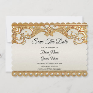 Gold Ornate White Pearls Save The Date Card