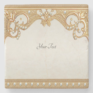 Gold Ornate White Pearls Stone Coaster