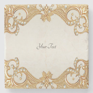 Gold Ornate White Pearls Stone Coaster