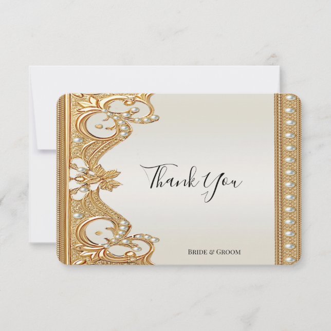 Gold Ornate White Pearls Thank You Card (Front)