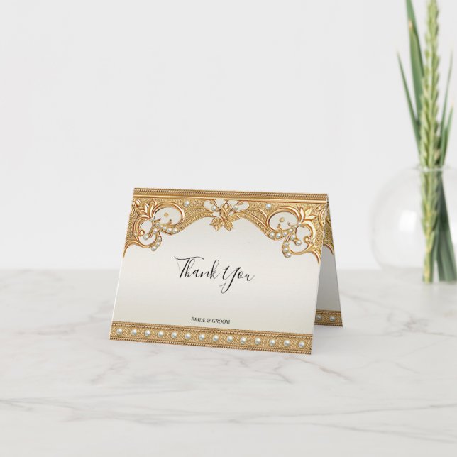 Gold Ornate White Pearls Thank You Card (Front)
