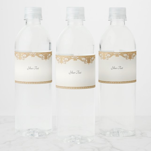 Gold Ornate White Pearls Water Bottle Label (Bottles)