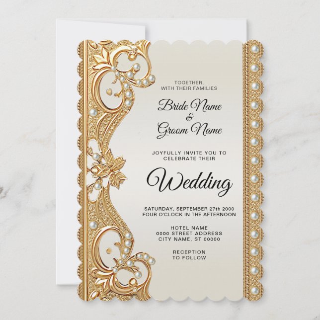Gold Ornate White Pearls Wedding Invitation (Front)