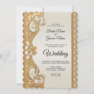 Gold Ornate White Pearls Wedding Invitation