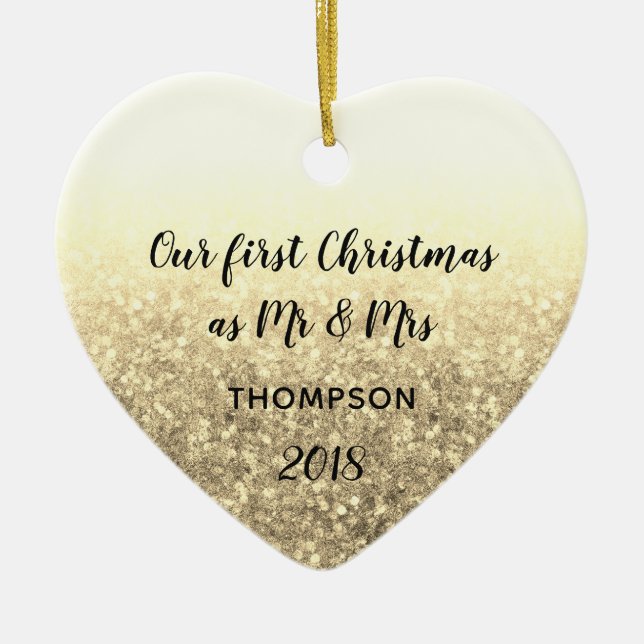 Gold Our First Christmas Mr & Mrs Married Couple Ceramic Tree Decoration (Front)