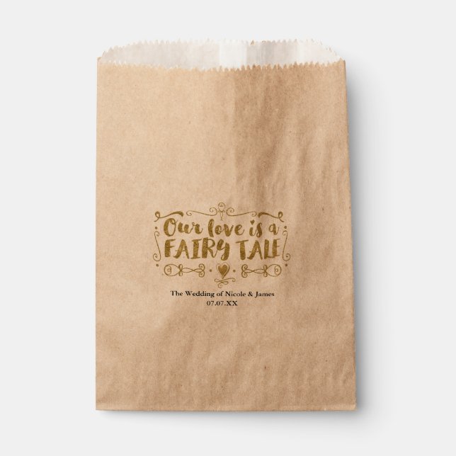Gold OUR LOVE IS A FAIRY TALE Custom Wedding Favou Favour Bags (Front)