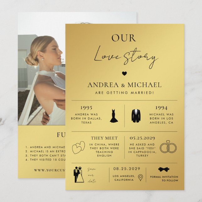 Gold Our Love Story Infographic Photo Wedding Invitation (Front/Back)