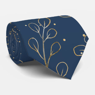 Gold Outline Eucalyptus Navy Blue Elegant Wedding Tie