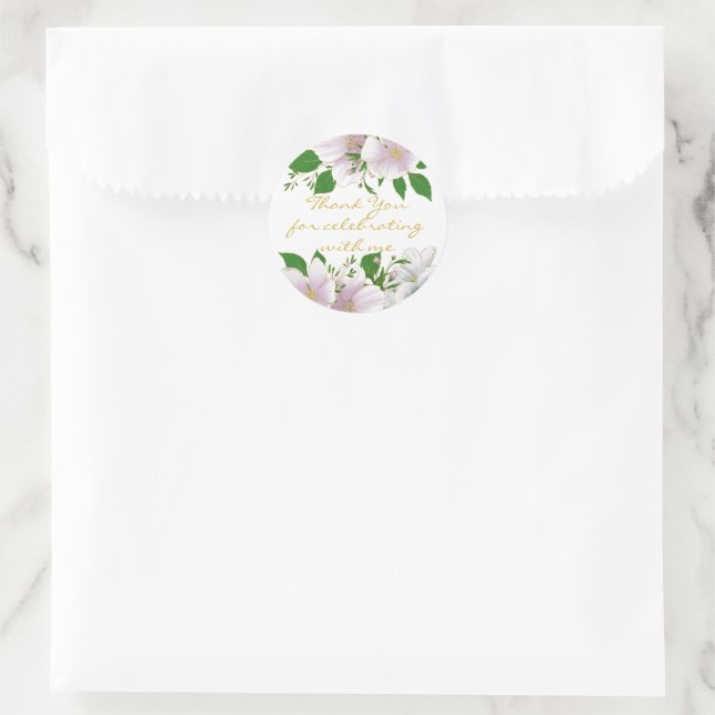 Gold Outlined Elegant Pink Floral Wedding Classic Round Sticker (Bag)