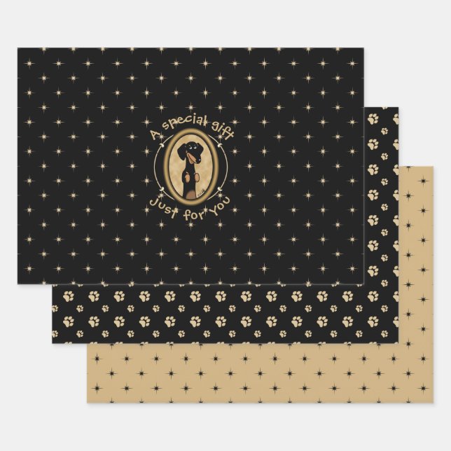 Gold Oval Dachshund Cartoon Portrait (black & tan) Wrapping Paper Sheet (Set)