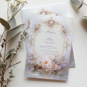 Gold Oval Frame Blush Floral Jewel Elegant Wedding Invitation