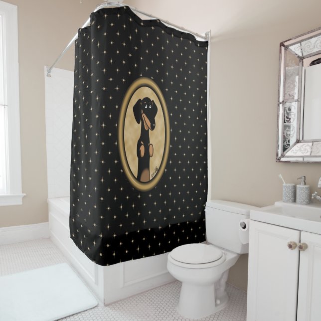 Gold Oval Frame Dachshund Portrait (black & tan) Shower Curtain (In Situ)