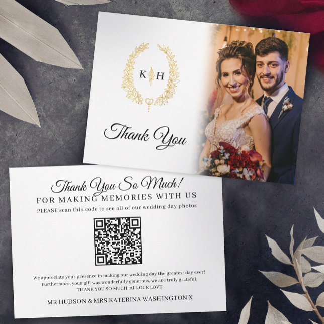 Gold oval leaves black white wedding photo QR Code Thank You Card (Creator Uploaded)