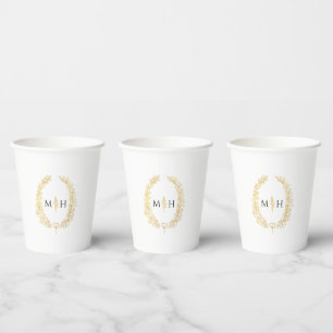 Gold oval leaves wreath art on white wedding paper cups