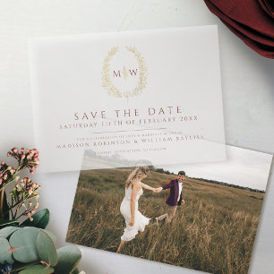 Gold oval monogram dark red save the date wedding vellum invitations
