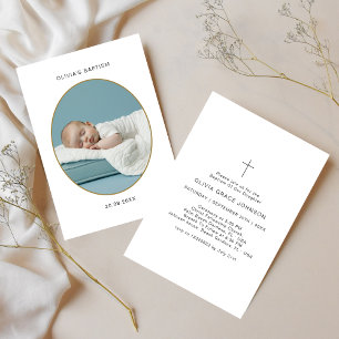 Gold Oval Photo Black & White Infant Baptism Invitation