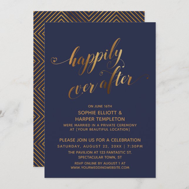 Gold over Navy Happily Ever After Post Wedding Invitation (Front/Back)