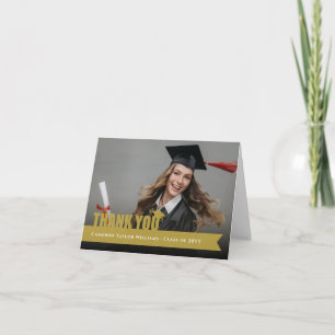 Gold Overlay Ribbon Graduation Cap Modern Photo Thank You Card